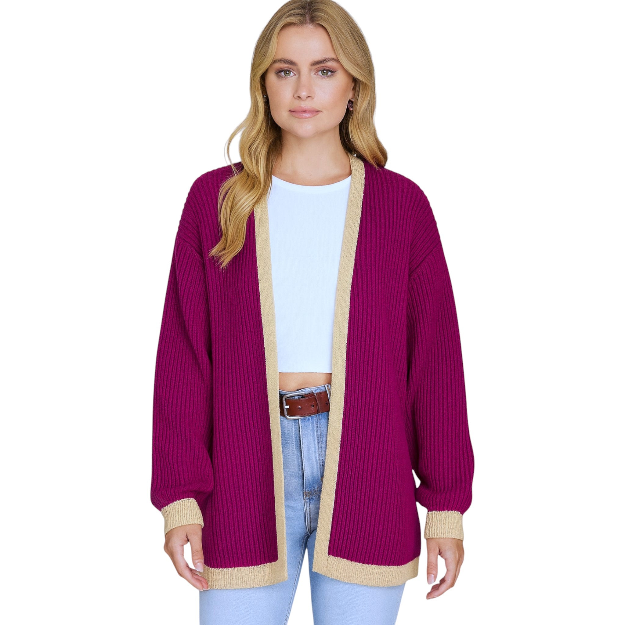 Ladies Italian edge to edge knitted cardigan in purple with gold trim, soft ribbed knit open front cardigan for women, stylish lightweight layering knitwear.